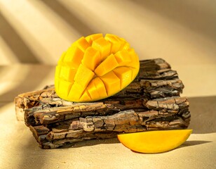 A vibrant, diced mango rests on a weathered log, bathed in warm sunlight, showcasing a cheerful and inviting still life.