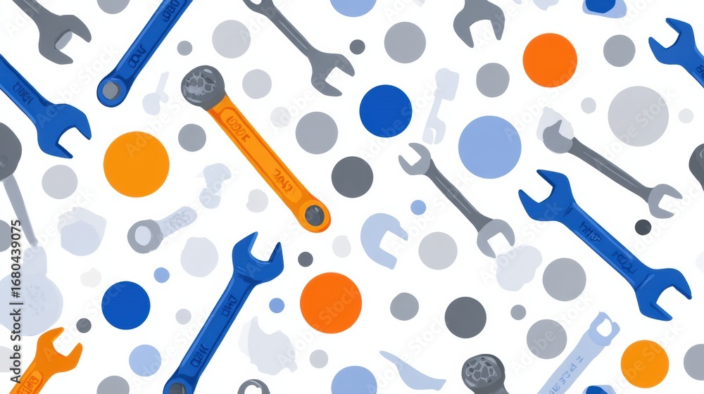 Aufkleber tools and gears displayed against a colorful background featuring wrenches and dots in various sizes