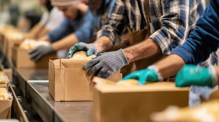 Dedicated volunteers prepare food boxes for distribution during a community event. Their efforts aim to support local families in need and foster unity