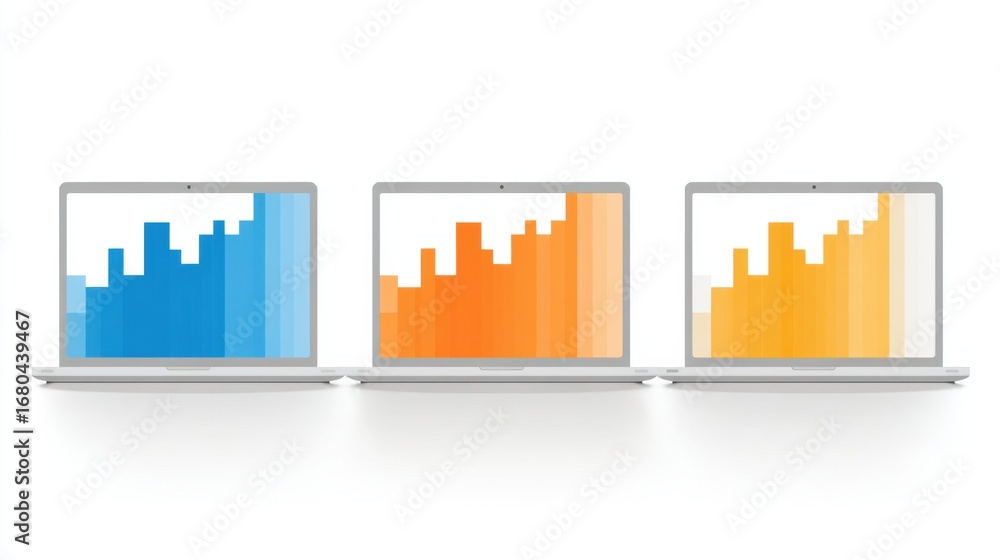 Aufkleber colorful bar graphs displayed on laptops representing data trends and analysis in modern office envi