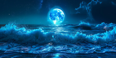 Luminous blue moon above turbulent ocean with crashing waves under starry night sky, mystical ethereal dramatic seascape