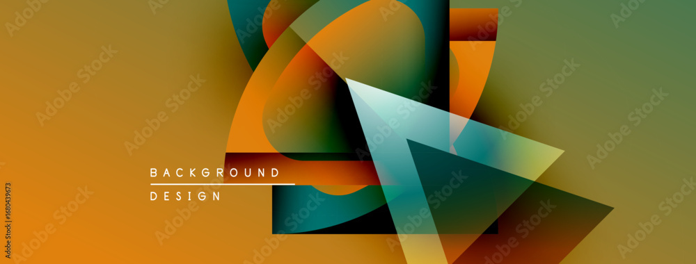 Poster abstract geometric shapes overlap, creating vibrant color gradients. design features orange, teal, b
