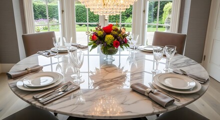 Elegant round dining table set for a formal meal with floral centerpiece
