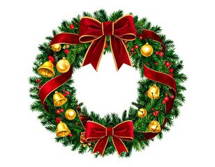 Festive Christmas wreath with red ribbons and gold bells