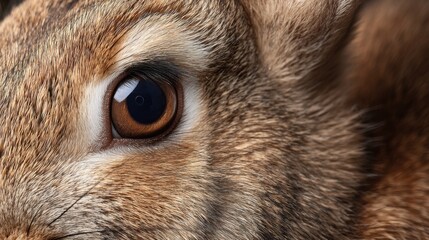 A rabbit is observed in a natural habitat with a focus on the eye, showcasing its vivid color and the fine texture of its fur. The serene moment captures the essence of wildlife