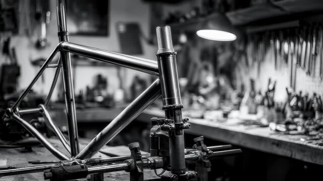 Focused medium shot of steel bike frame clamped in a workshop showing intricate lug connections and discbrake mounts being brazed while blurred tools and workbench provide a