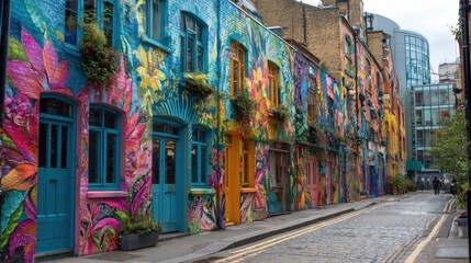 Fototapeta premium A lively street features buildings adorned with bright floral murals, showcasing urban artistry. People stroll along the cobblestone pathway under an overcast sky