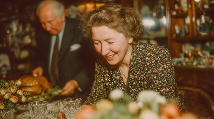 Celebrating Thanksgiving with a joyful middle-aged woman in a dining room setting