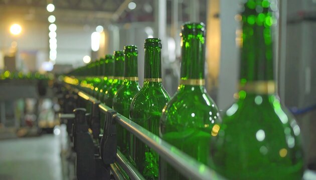 Green bottles on a conveyor belt