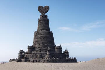 Intricate sandcastle, heart-topped tower, beach setting