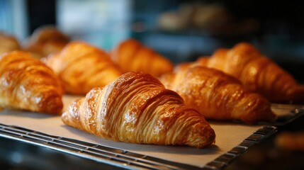 Golden-brown croissants sit on a cooling rack in a warm, inviting bakery. The soft morning light highlights their flaky layers, inviting customers to enjoy fresh pastries