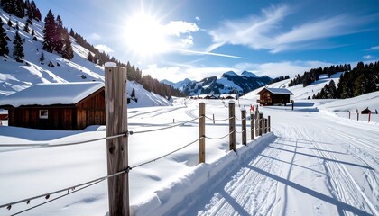 Snowy alpine valley with wooden cabins