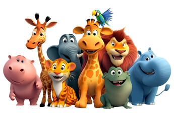 Naklejka premium a group of cartoon animals, including an elephant and giraffe, standing together on a transparent background