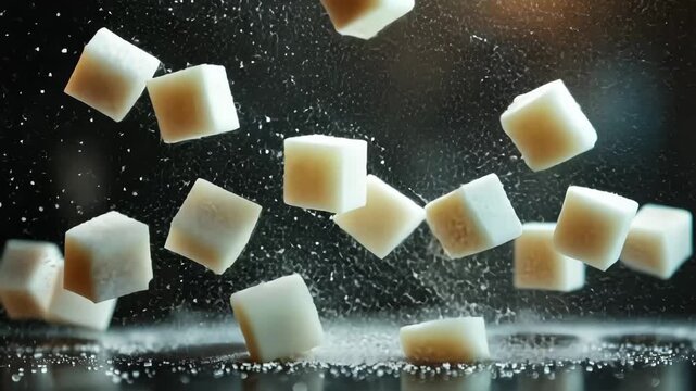 The lumps of white sugar slowly fall onto the table on a  black background