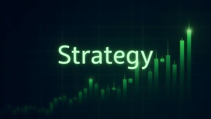 Fototapeta premium Digital trading theme artwork featuring 'Strategy' in glowing letters with green candle charts behind, symbolizing planning and finance.