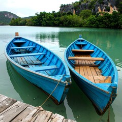 Obraz premium Two blue boats on a calm waterway