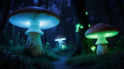 Enchanted forest path with glowing mushrooms at night, mystical fantasy landscape