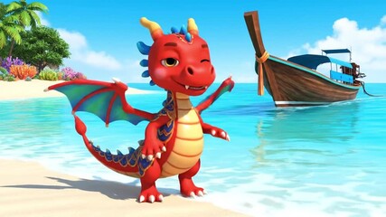 Cute cartoon red dragon winks happily on a sunny tropical beach, with turquoise ocean waters and a traditional longtail boat under a clear sky