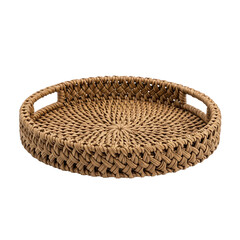 A beautifully handcrafted round tray made from natural rattan, featuring an intricate woven pattern and integrated handles, ideal for serving or home decoration.