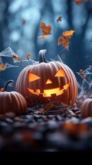 Halloween Pumpkin with Glowing Face in Autumn
