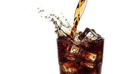 Pouring cola into a glass with ice cubes creating a splash isolated on white background