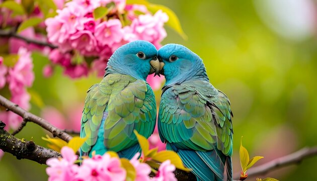 Two blue parakeets near pink flowers