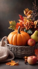 Autumn Harvest Still Life with Pumpkin and Fruit