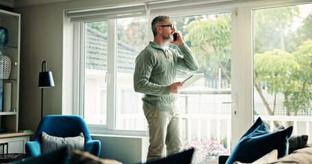 Freelancer, phone call and man with tablet in home for listening, chat or insurance policy. Remote...