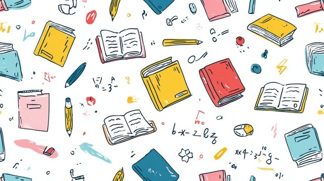 Colorful Patterns of Books, Pens, and Mathematical Symbols Showcasing Academic Themes and Creativity in a Playful Layout - Powered by Adobe