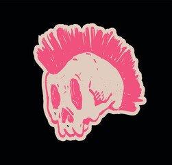 Naive punk skull illustration with mohawk hairstyle. Hand-drawn doodle in bold graphic style, perfect for stickers, t-shirts, posters, and alternative design projects.