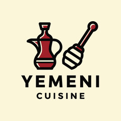 A modern, minimalist logo for Yemeni Cuisine, featuring stylized icons of a traditional coffee pot and a honey dipper on a cream background.