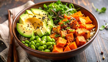 Healthy bowl with avocado, sweet potato, and edamame