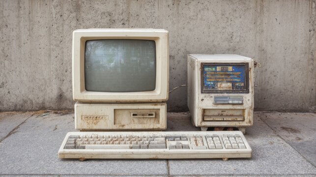 An outdated computer and monitor, both covered in dust and grime, rest side by side against a concrete wall, reflecting a bygone era of technology and digital history