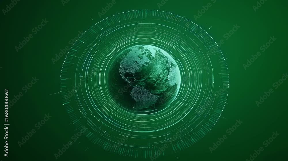Poster futuristic climate data representation featuring a globe encircled by pulsing thermal anomaly bands 
