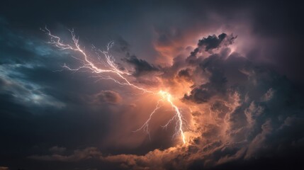 Powerful lightning strikes illuminate the sky, creating an intense display of nature's fury against dark, ominous storm clouds during a summer evening