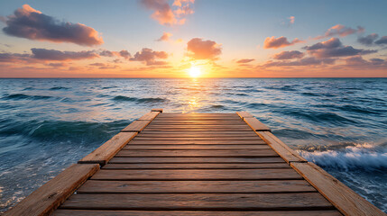 Spectacular Sunset Over the Ocean Viewed From a Wooden Pier at the Beach During a Calm Evening