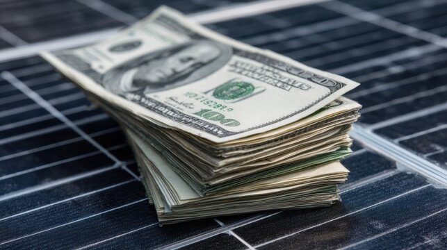 A large stack of cash is positioned on top of solar panels, symbolizing the intersection of finance and renewable energy in a modern economic context