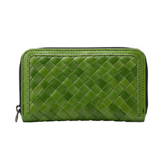 A vibrant green woven wallet with a secure zipper closure, ideal for organizing cards and cash. Its intricate texture adds a stylish, modern touch.