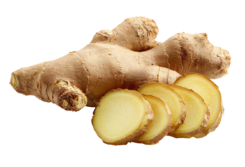 Fresh ginger root, sliced, displays a light, golden-tan hue.  Slices radiate from the main root