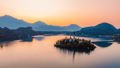 Bled, Slovenia. Bled Castle with Lake Bled with the Church of the Assumption of Maria and Julian Alps in the background