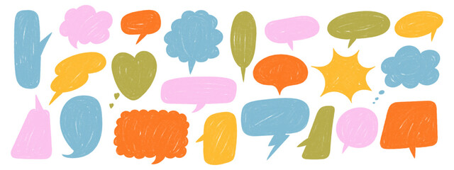 Hand drawn crayon speech bubbles set. Colorful doodle style comic talk balloons. Vector cartoon dialog frames isolated on white background.