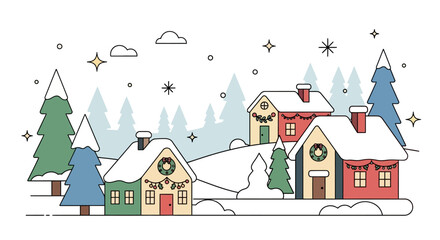 A charming winter village scene with snow-covered houses and decorated Christmas trees, set against a backdrop of snowy hills and pine trees.