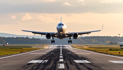 Obraz premium Airplane takeoff captured with minimalist style, professional photography, no distortion, clean colors