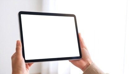 Tablet held in hands, blank screen
