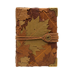 A beautifully crafted journal featuring a cover adorned with real autumn leaves, secured by a leather strap and embellished with ornate metal corners. Perfect for nature lovers.