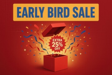 Early bird sale with EXTRA 25% OFF discount offer, vibrant festive style, enticing retail promotion banner.