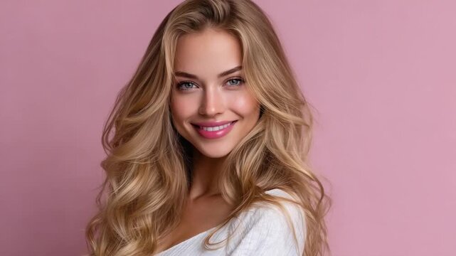 A smiling blonde woman with long, wavy hair stands against a pink background.