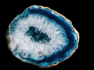 Top View Blue Agate Geode Slice on Black Background