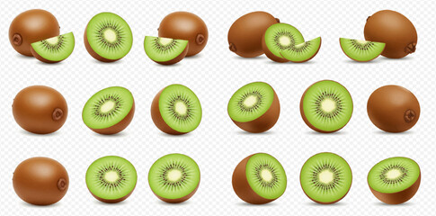 A collection of fresh whole, half, and sliced kiwis displaying their vibrant green flesh and brown fuzzy skin on a transparent background.