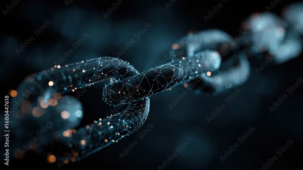 Fototapete digital chain of progress: a macro shot depicts a luminous chain constructed of interconnected nodes